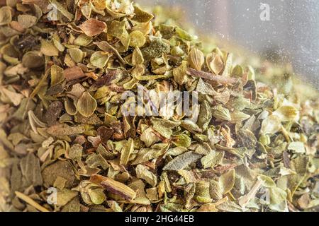 Close-up shot of dried thyme in a glass jar Stock Photo
