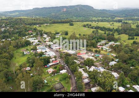 Aerial view of Nimbin, a small town in the Northern Rivers made famous as a hotspot for hippies and counterculture. Stock Photo