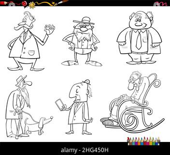 Black and white cartoon illustration of seniors characters set coloring book page Stock Vector