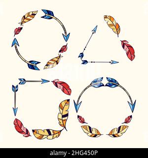 Ornamental boho frame with decorative elements set Vector illustration. Stock Vector