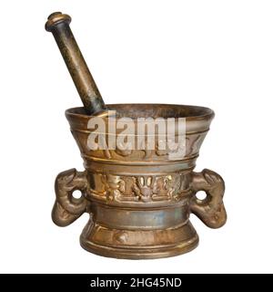 Authentic medieval rusted ancient mortar isolated on a white background Stock Photo