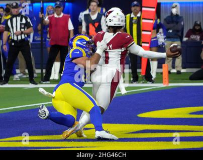 Los Angeles Rams' Troy Reeder tackles Arizona Cardinals'  quarterback Kyler Murray in their NFC wild card game at SoFi Stadium in Inglewood, California on Monday, January 17, 2022.  Photo by Jon SooHoo/UPI Stock Photo