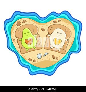 Avocado and egg on bread toast lie on a heart shaped island. Vector illustration isolated on white background. Stock Vector