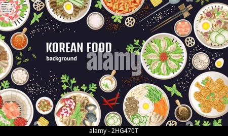 Top view korean meal. Barbecue tofu food, lunch table. Vegetarian meals and different meat buffet. Asia cuisine, traditional kitchen swanky vector Stock Vector