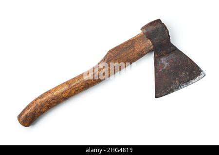 A rusty, old axe with a wooden handle is isolated on a white background. Horizontal orientation. Stock Photo