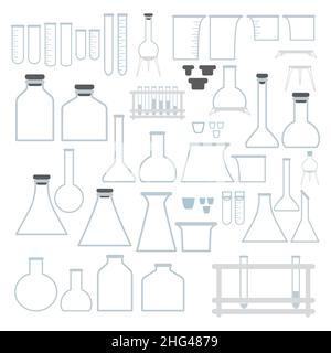 Set of different sizes, shapes and types of chemical test tubes vector icons set minimalist flat illustrations. Experiment chemical flasks for science Stock Vector