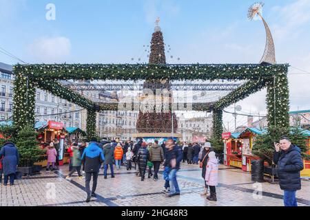 Kiev, Ukraine - January 1, 2022: Christmas tree installed on Sofia Square. Stock Photo