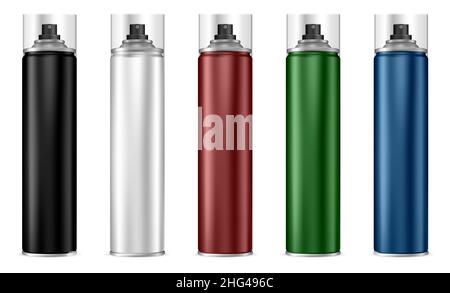 Aerosol spray can. Aluminum cylinder paint bottle. Steel aerosol tin, graffiti paint art sprayer, isolated realistic template with plastic cap, red, g Stock Vector