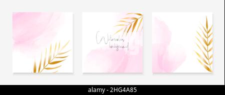 Instagram post templates with pink watercolor spots and golden palm leaves. Vector set of abstract backgrounds Stock Vector