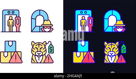 Smugglers activities prevention light and dark theme RGB color icons set Stock Vector