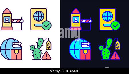 Borders control measures light and dark theme RGB color icons set Stock Vector