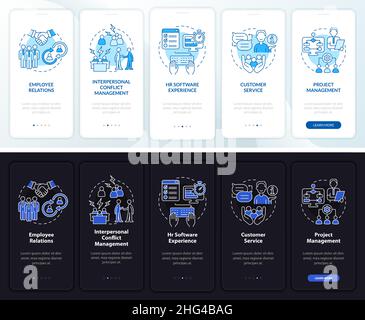 Skills for HR manager night, day mode onboarding mobile app screen Stock Vector