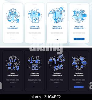 HR manager duties night, day mode onboarding mobile app screen Stock Vector