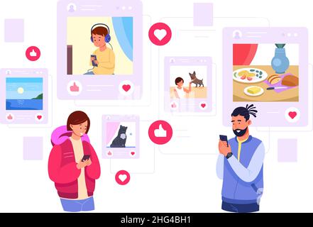 People sharing moments at networks. Social media influence, man browse post friend in phone, woman creator photo content, share with blogger smartphone, vector. Illustration of social communication Stock Vector