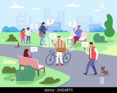 People city use smartphones. Many humans using mobile phones in street, smart online technology, crowd friends texting internet messages, digital vector. Illustration of man and woman with smartphone Stock Vector