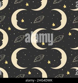 Night sky pattern. Vector magical seamless pattern with planet, moon and stars. Stock Vector