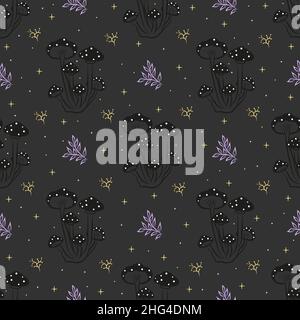 Night sky pattern. Vector magical seamless pattern with mushrooms, moon and stars. Stock Vector