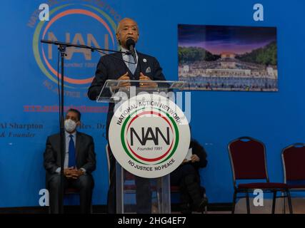 Rev. Al Sharpton, founder and president of the National Action Network celebrated Dr. Martin Luther King's birthday at the House of Justice in Harlem, along with local elected officials in New York City, NY, USA on January 17, 2022. (Photo by Steve Sanchez/Sipa USA) Stock Photo