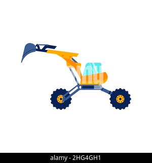 Construction orange excavator side view isolated on white background. Flat Art vector Illustration. Stock Vector