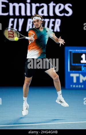 Melbourne, Australia. 18th Jan, 2022. STEFANOS TSITSIPAS (GRE) in action on day 2 at the 2022 Australian Open on Tuesday January 2022, Melbourne Park Credit: corleve/Alamy Live News Stock Photo
