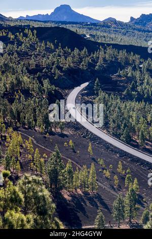 TF38 road aerial view as it passes through the Las Cañadas del Teide National Park, Tenerife, Canary Islands, Spain Stock Photo