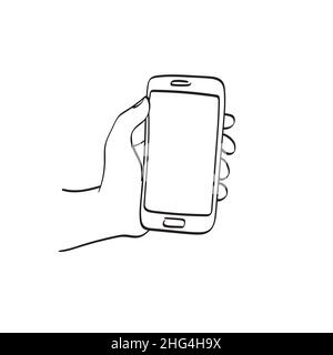 line art closeup hand holding smartphone illustration vector hand drawn isolated on white background Stock Vector