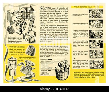 Inside page of retro 1950's government Board of Trade Export information leaflet, entitled 'Fill the ships and we shall fill the shops' explaining 'What exports mean to us' encouraging exports to boost economic growth in the U.K. dated 1951, Stock Photo