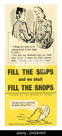 Retro 1950's government Board of Trade Export information leaflet, entitled 'Fill the ships and we shall fill the shops' encouraging exports to boost economic growth in the U.K. dated 1951, Stock Photo