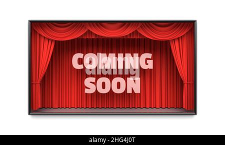 Coming Soon poster with red stage curtains 3D illustration Stock Photo