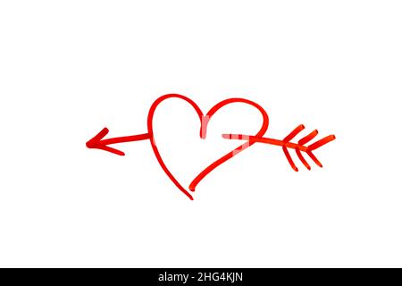 Creative Valentines Day postcard design with red heart and arrow drawn with a marker on white background isolated. Valentine day and love concept Stock Photo