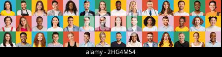 Creative Collage With Happy People Of Different Age And Ethnicity, Colorful Backgrounds Stock Photo