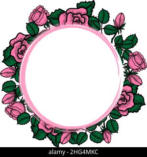 A frame of hand-drawn roses in a doodle style. Pink roses, buds and leaves. Vector image of pink roses on white background. Stock Vector