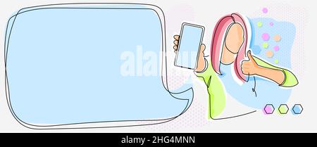 Line Drawing For Lady Holding Phone Presenting New Ideas With Speech Bubble. Stock Vector