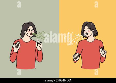 Young woman before and after good oralcare or tooth hygienic routine. Problem of bad breath. Girl clean wash teeth for mouth freshness. Dental hygiene and care. Flat vector illustration.  Stock Vector