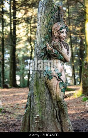 Dryad, ( nymph ) sculpture by Victoria Morris and Lee Nicholson, Pendle sculpture trail, Barley, Lancashire, UK. Stock Photo