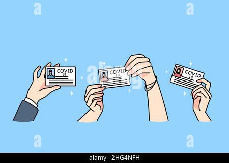 Hands of diverse people show covid-19 vaccination certificates. Men and women demonstrate coronavirus cards, vaccinated against corona virus pandemics. Healthcare concept. Vector illustration.  Stock Vector