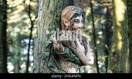 Dryad, ( nymph ) sculpture by Victoria Morris and Lee Nicholson, Pendle sculpture trail, Barley, Lancashire, UK. Stock Photo