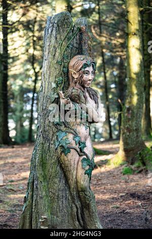 Dryad, ( nymph ) sculpture by Victoria Morris and Lee Nicholson, Pendle sculpture trail, Barley, Lancashire, UK. Stock Photo