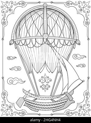 Floating Hot Air Balloon Holding Ship In A Frame Flying Over Clouds. Stock Vector