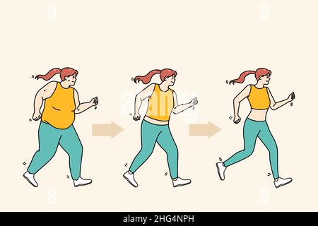 Jogging woman losing weight outdoors. Plump african american girl running  in sportswear. Overweight. Morning jog in park. Flat vector illustration  8482818 Vector Art at Vecteezy