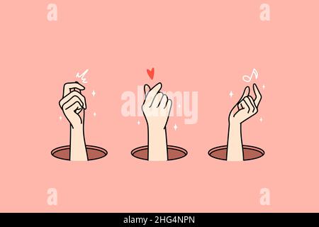 Woman hands show from holes with heart, music symbols. Female arm holding different signs. Flat vector illustration, cartoon character.  Stock Vector