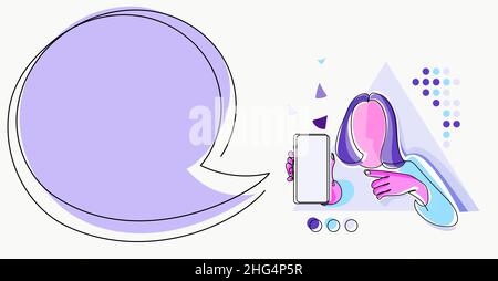 Line Drawing For Lady Holding Phone Presenting New Ideas With Speech Bubble. Stock Vector