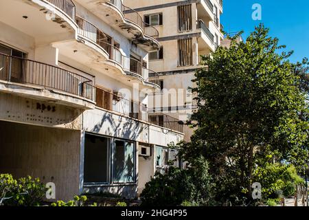 Varosha, Northern Cyprus - January 06, 2022 Cityscape of Varosha, a seaside resort built in 1972, which became a ghost town abandoned by its inhabitan Stock Photo