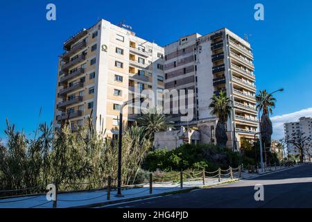 Varosha, Northern Cyprus - January 06, 2022 Cityscape of Varosha, a seaside resort built in 1972, which became a ghost town abandoned by its inhabitan Stock Photo