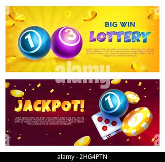 Lottery banners with realistic balls with lucky winning combination numbers. Gambling games poster with gold casino chips, dice game, coins and round shiny spheres. Raffle or jackpot concept. Stock Vector