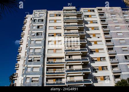 Varosha, Northern Cyprus - January 06, 2022 Cityscape of Varosha, a seaside resort built in 1972, which became a ghost town abandoned by its inhabitan Stock Photo