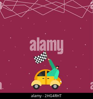 Businessman Waving Banner From Vehicle Racing Towards Successful Future. Stock Vector
