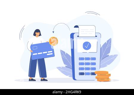 Online cashback and financial savings flat vector illustration. Customer woman paying by cashless pos terminal and back money bonus, refund coins on banking credit card. Reward loyalty program concept Stock Vector