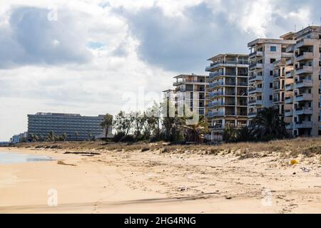 Varosha, Northern Cyprus - January 06, 2022 Cityscape of Varosha, a seaside resort built in 1972, which became a ghost town abandoned by its inhabitan Stock Photo