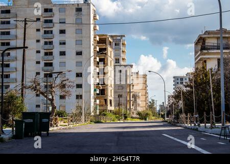 Varosha, Northern Cyprus - January 06, 2022 Cityscape of Varosha, a seaside resort built in 1972, which became a ghost town abandoned by its inhabitan Stock Photo